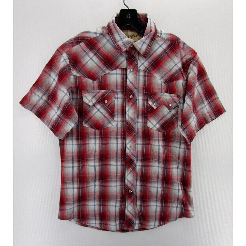 Wrangler Shirt Medium White Western Pearl Snap Plaid Cowboy Outdoor *